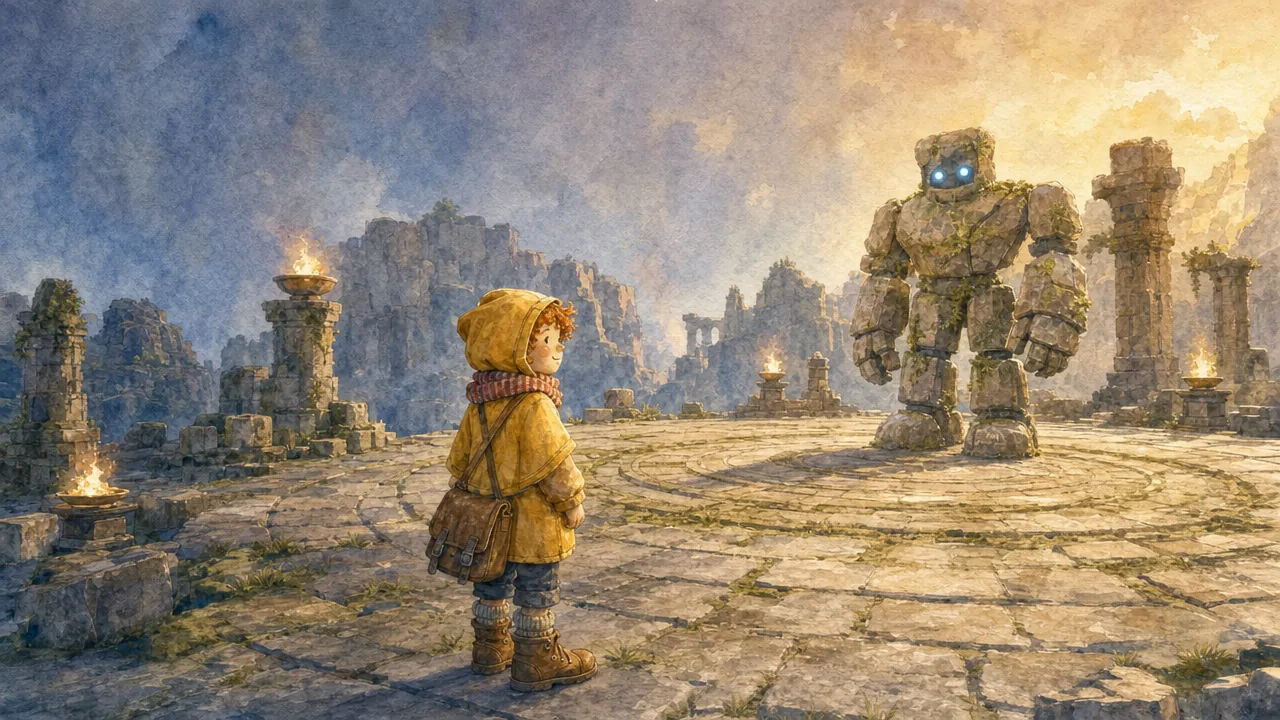 The adventurer faces a moss-covered stone golem across a round ruined arena under an evening sky.