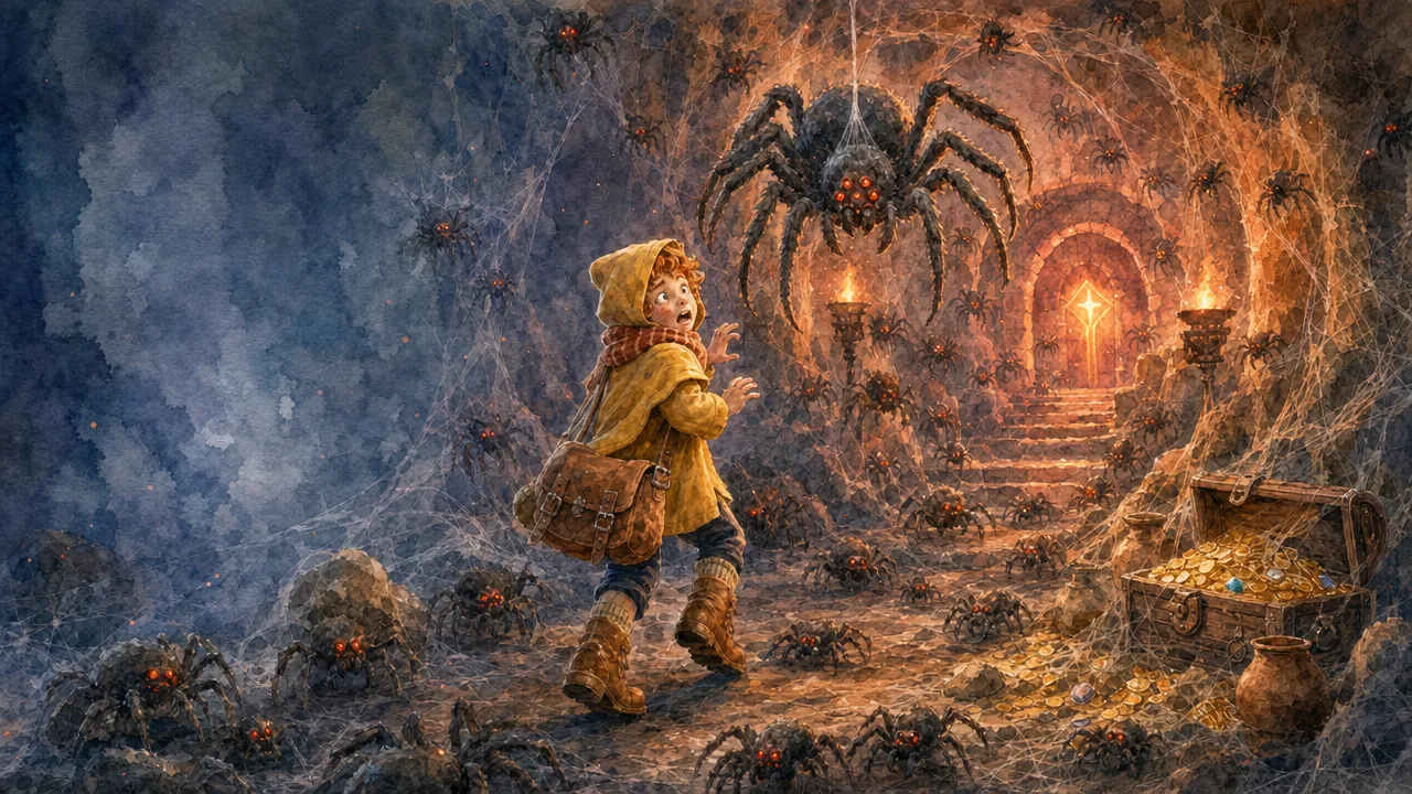 The same cave overrun: dozens of red-eyed spiders on the walls and floor, webs everywhere, a giant spider dropping from the ceiling, and the adventurer recoiling.