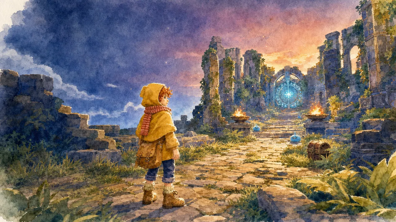 The adventurer stands empty-handed on a stone path through an overgrown temple courtyard at dusk, a glowing gate ahead.
